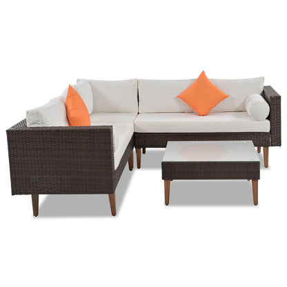 4 Pieces Outdoor Wicker Sofa Set, Patio Furniture With Colorful Pillows, L - Shape Sofa Set - Beige / Brown