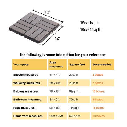 10 Piece Interlocking Deck Tiles Checker Pattern, Square Acacia Hardwood Outdoor Flooring For Patio, Bancony, Pool Side - Light Gray