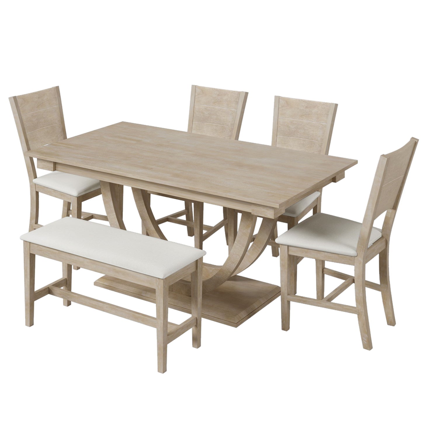 Topmax - 6 Piece Wood Half Round Dining Table Set Kitchen Table Set With Long Bench And 4 Dining Chairs, Modern Style - Natural