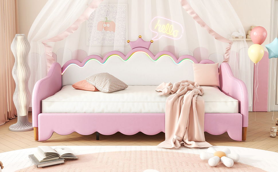 Twin Extending Daybed With LED Lights, Modern Upholstered Princess Daybed With Crown Headboard - Pink