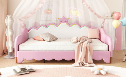 Twin Extending Daybed With LED Lights, Modern Upholstered Princess Daybed With Crown Headboard - Pink