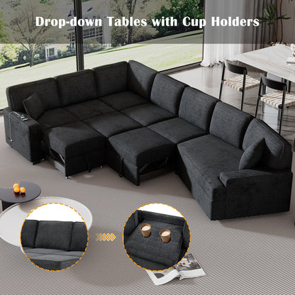 L-Shaped Sofa Sectional Sofa Couch Pull-Out Sofa Bed With Charging Devices And Cup Holders For Living Room - Blue Black