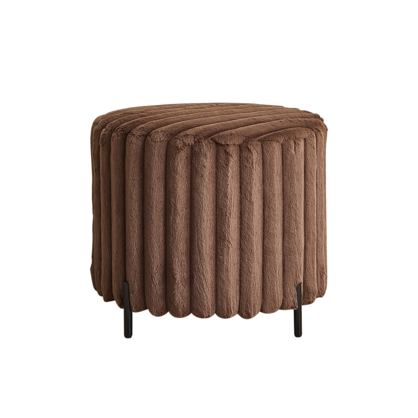 Upholstered Round Pouf Ottoman Foot Rest With Black Metal Legs - Brown