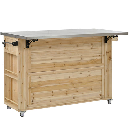 Outdoor Kitchen Island Fir Wood Kitchen Island With Stainless Steel Top, Ample Storage Space, Towel And Spice Racks And A Bottle Opener For Outdoor - Natural