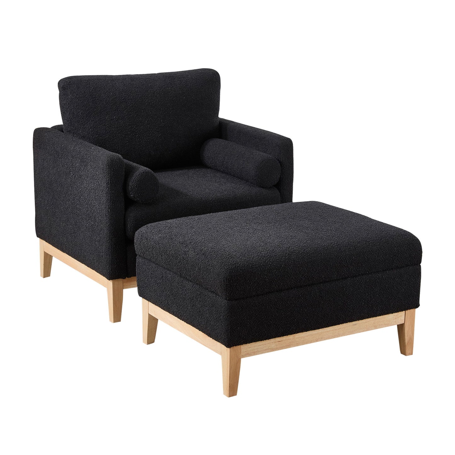 Farmhouse Upholstered Accent Chair With Ottoman Wood Base, Reversible Lid Coffee Table For Living Room - Black