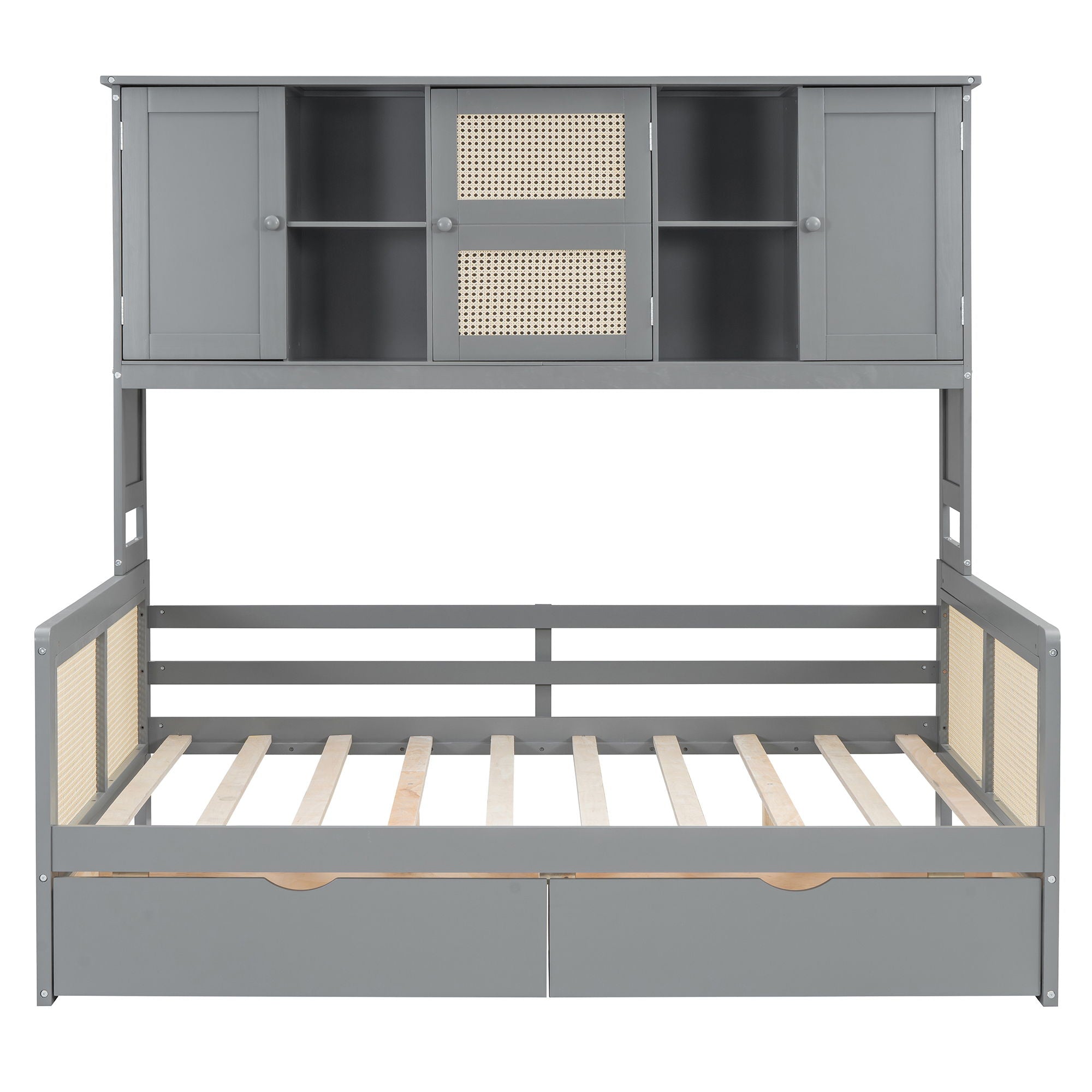 Full Size Wooden Daybed With 2 Drawers, And All In One Cabinet And Shelf - Gray