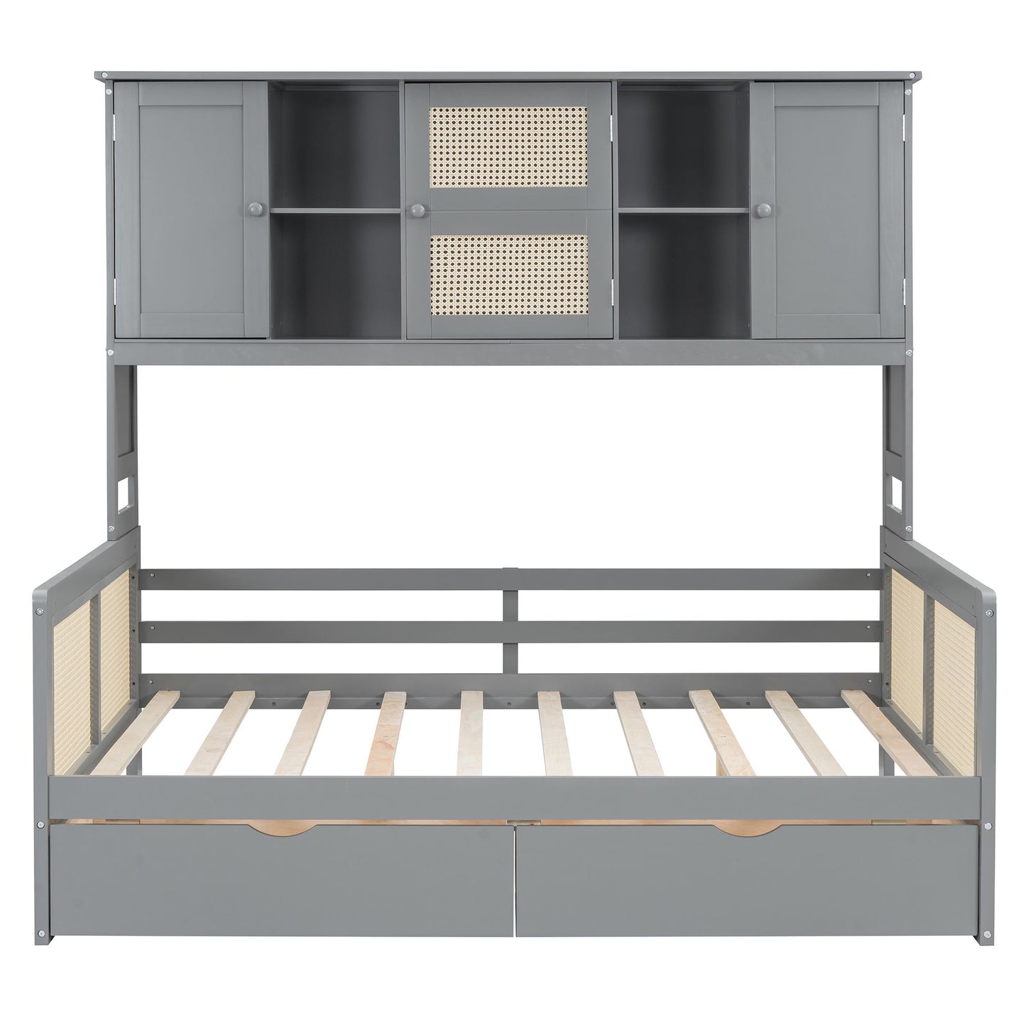 Full Size Wooden Daybed With 2 Drawers, And All In One Cabinet And Shelf - Gray