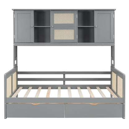Full Size Wooden Daybed With 2 Drawers, And All In One Cabinet And Shelf - Gray