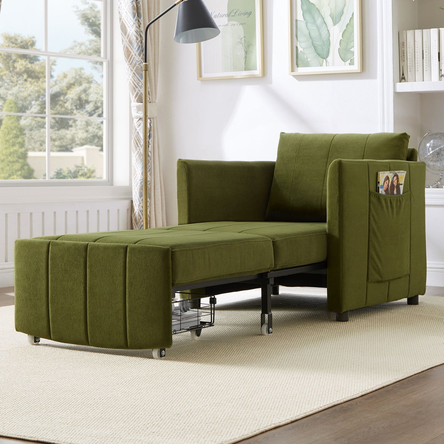 Upholstered Convertible Sleeper Sofa With Adjustable Backrest, Side Pockets, Storage Basket - Green
