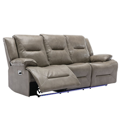 3 Seater Home Theater Recliner Manual Recliner Chair With A Led Light Strip Two Built-In Cup Holders For Living Room - Gray