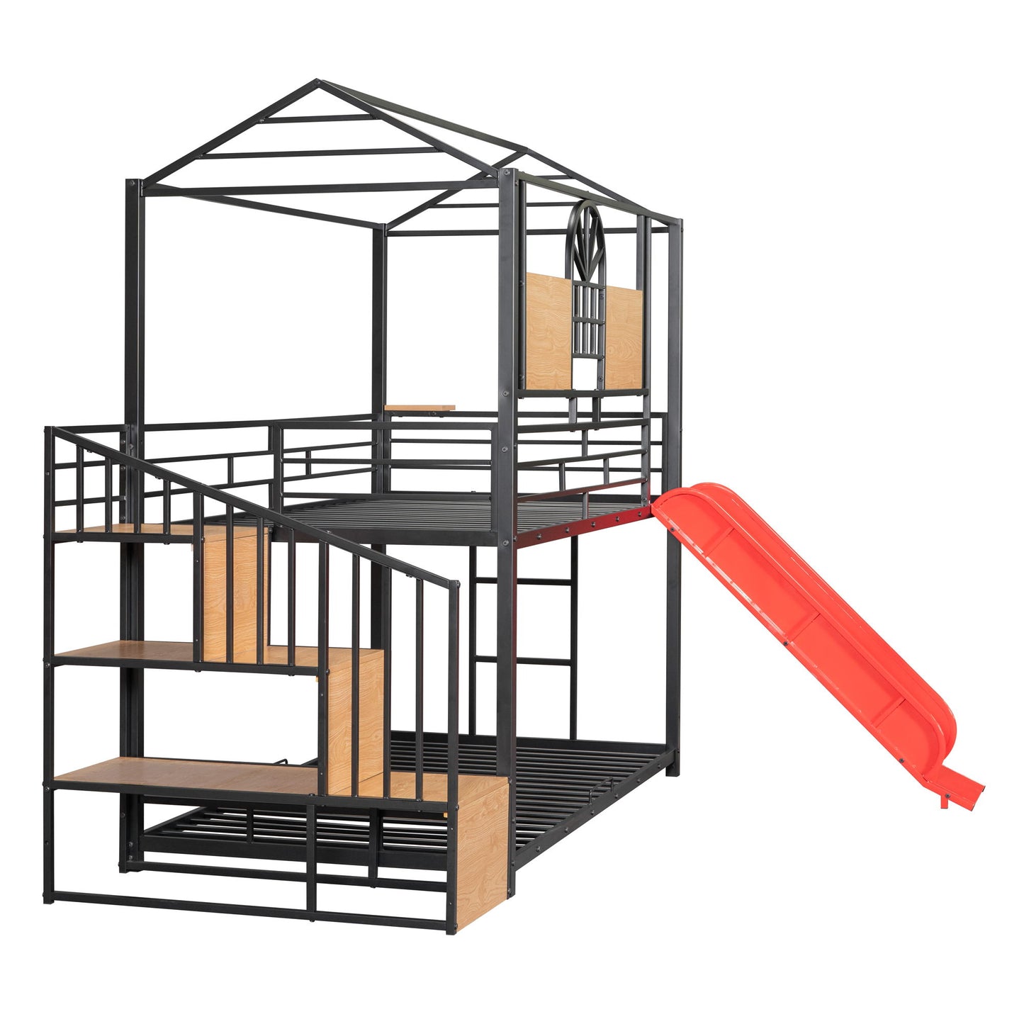 Twin Over Twin Bunk Bed, Housebed With Slide And Storage Stair - Black / Red
