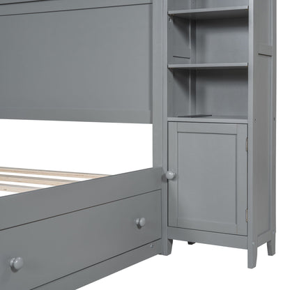 Queen Size Bed With All In One Cabinet, Shelf And Sockets - Gray