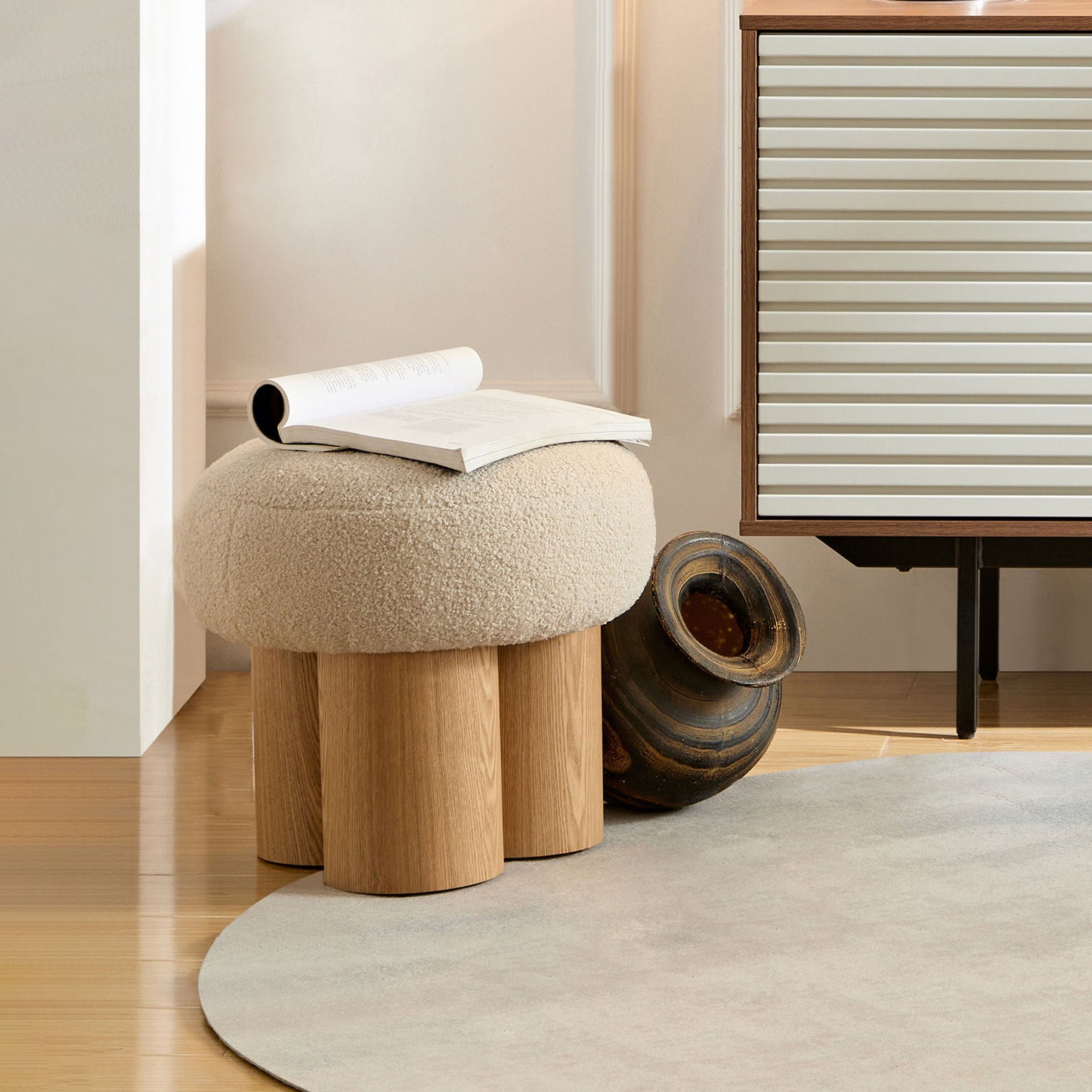 Mushroom Stool With Plush Cushion, Wooden Barrel Pipe - Greige / Walnut