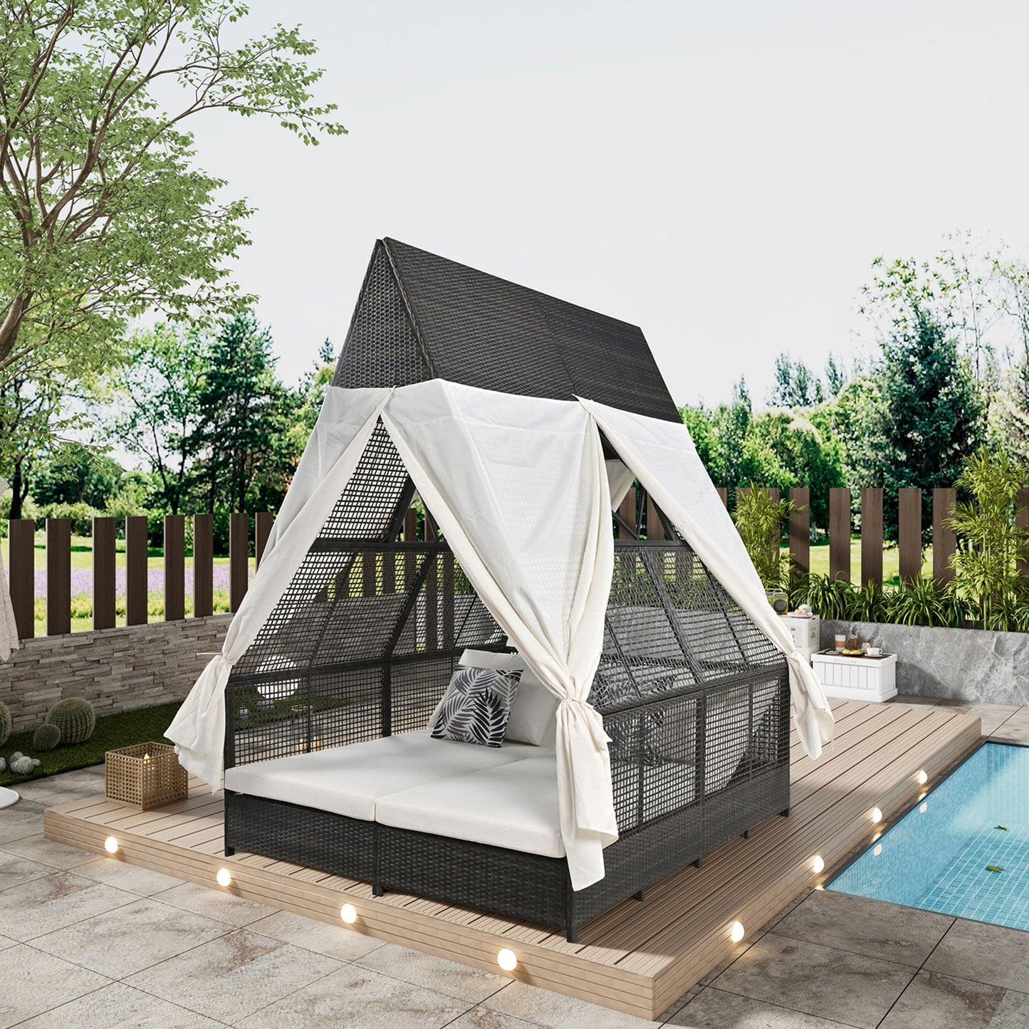 Outdoor Daybed Patio Lounge Bed With Adjustable Backrest Double Sun Lounger With Curtains, 4 Pillows For Garden Patio Poolside Balcony Beach - Cream