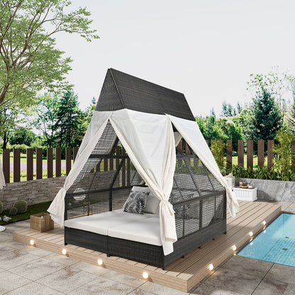 Outdoor Daybed Patio Lounge Bed With Adjustable Backrest Double Sun Lounger With Curtains, 4 Pillows For Garden Patio Poolside Balcony Beach - Cream