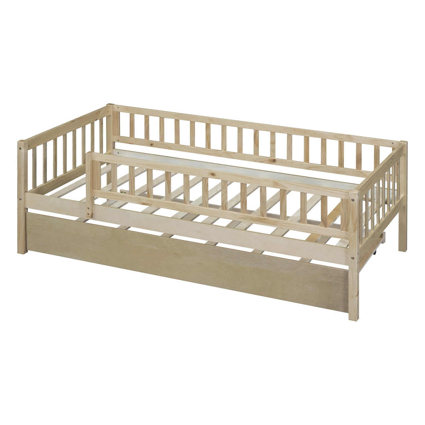 Twin Size Daybed With Trundle And Fence Guardrails - Natural