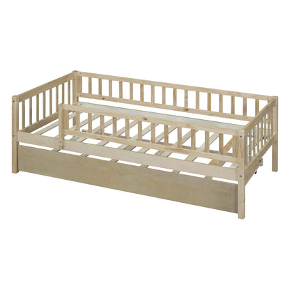 Twin Size Daybed With Trundle And Fence Guardrails - Natural