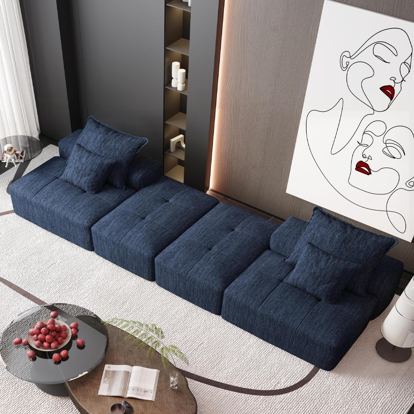 Modern Oversized Modular Sectional Sofa With 2 Ottoman And 2 Seat, Sparkling Chenille Fabric Soft Cushion Sofa With 4 Pillows, 4 Pieces Diy Combination Tufted Sofa, No Assembly Required - Blue