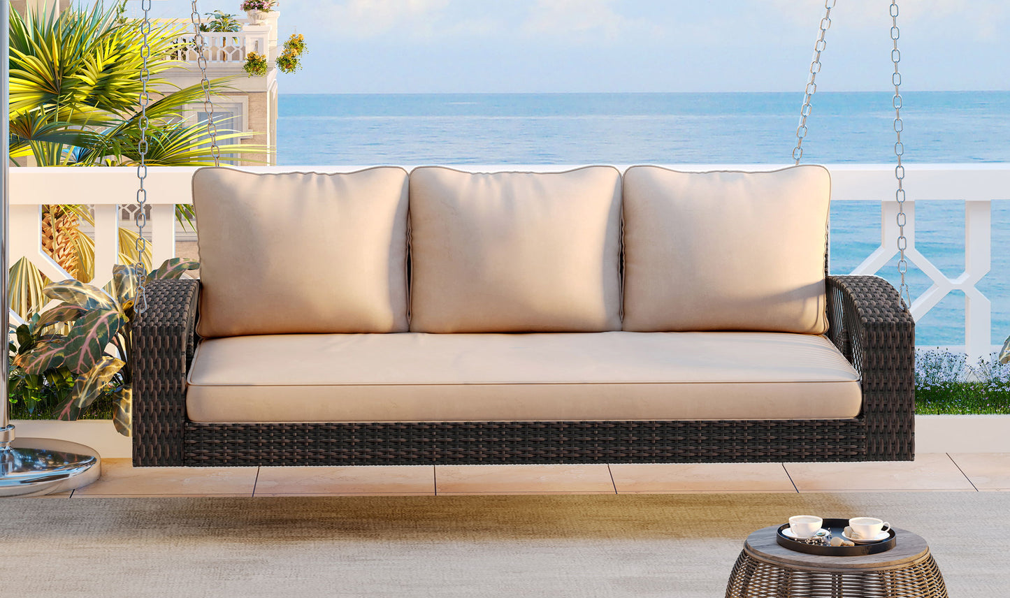 3 Person Porch Swing With Chains, Large Patio Swing Bench With Cushions For Backyard, Garden, And Poolside - Brown