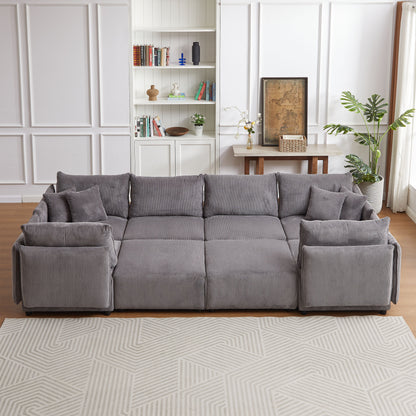 Multi Module Combination Style Sofa For Living Room And Other Lounge Spaces, Modern Minimalist Corduroy Combination Sofa With 2 Comfort Cushions With USB & C Charging Ports, 2 Sets - Gray