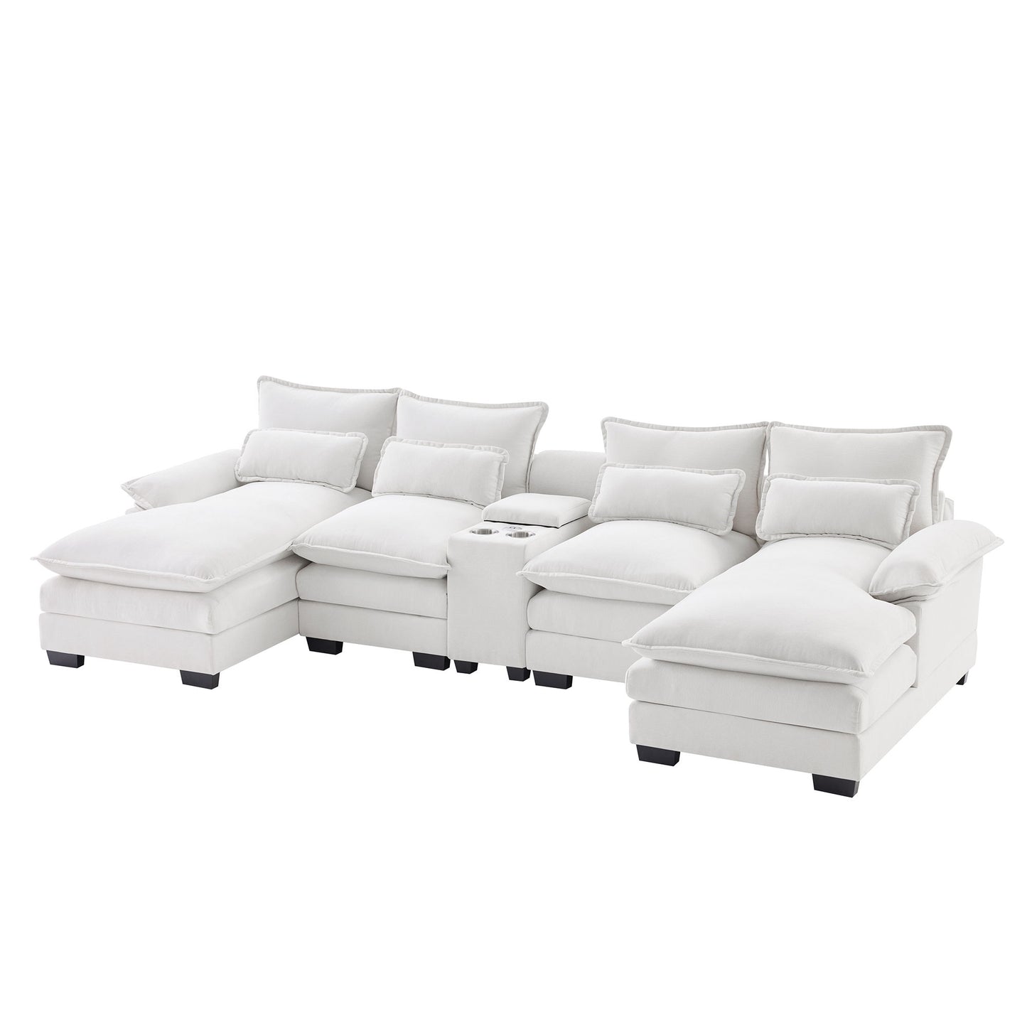 Modern U Shaped Sofa With Console, Cupholders And USB Ports, 6 Seat Upholstered Symmetrical Indoor Furniture, Sleeper Couch Set With Chaise - White