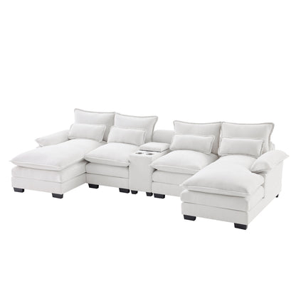 Modern U Shaped Sofa With Console, Cupholders And USB Ports, 6 Seat Upholstered Symmetrical Indoor Furniture, Sleeper Couch Set With Chaise - White