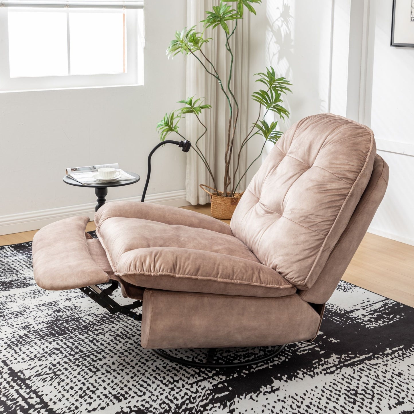 Modern Swivel Gliding Recliner Chair With Rocking Function And Phone Holder - Large Comfortable Reading Chair Stamped Velvet - Natural Brown