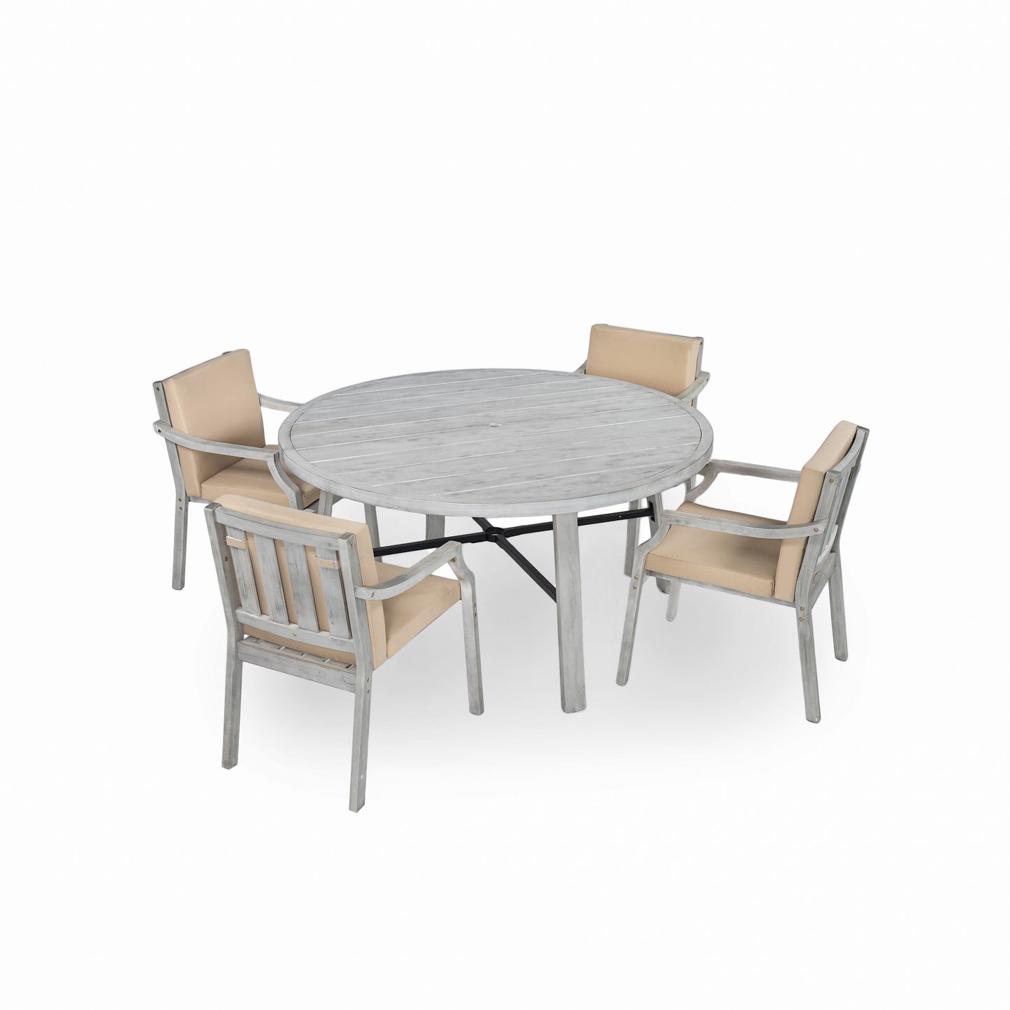 Outdoor Dinning Set 4 Person Outdoor Wooden Dinning Set With An Umbrella Hole And Removable Cushions For Patio, Backyard, Garden - Antique Gray
