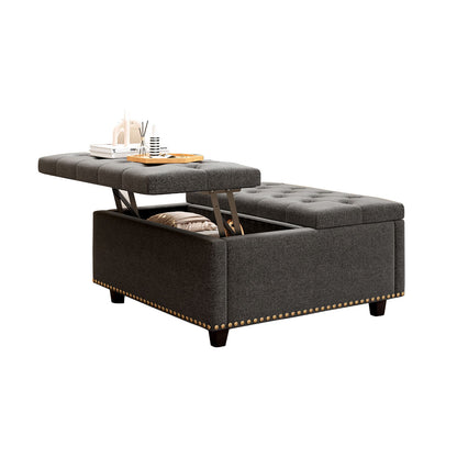 Massive Square Storage Bench, Footstool With 2 Storage Doors, Mid - Century Modern Coffee Table For Living Room, Nailhead Inlay - Dark Gray