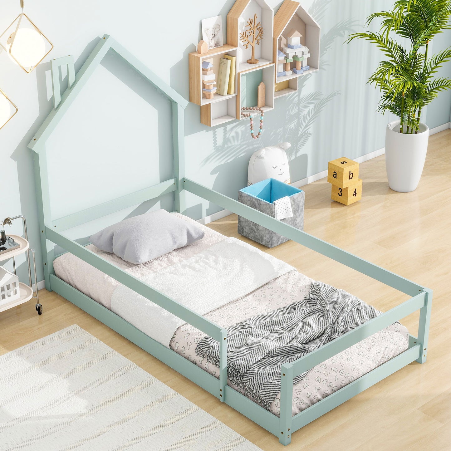Twin Size Wood Bed With House-Shaped Headboard Floor Bed With Fences - Light Green