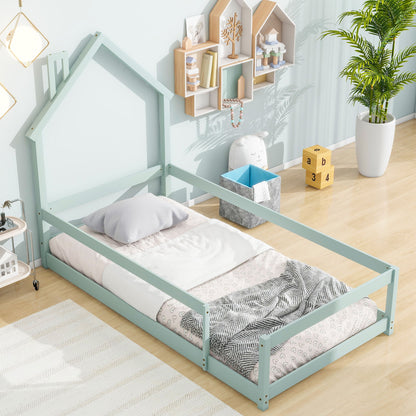 Twin Size Wood Bed With House-Shaped Headboard Floor Bed With Fences - Light Green