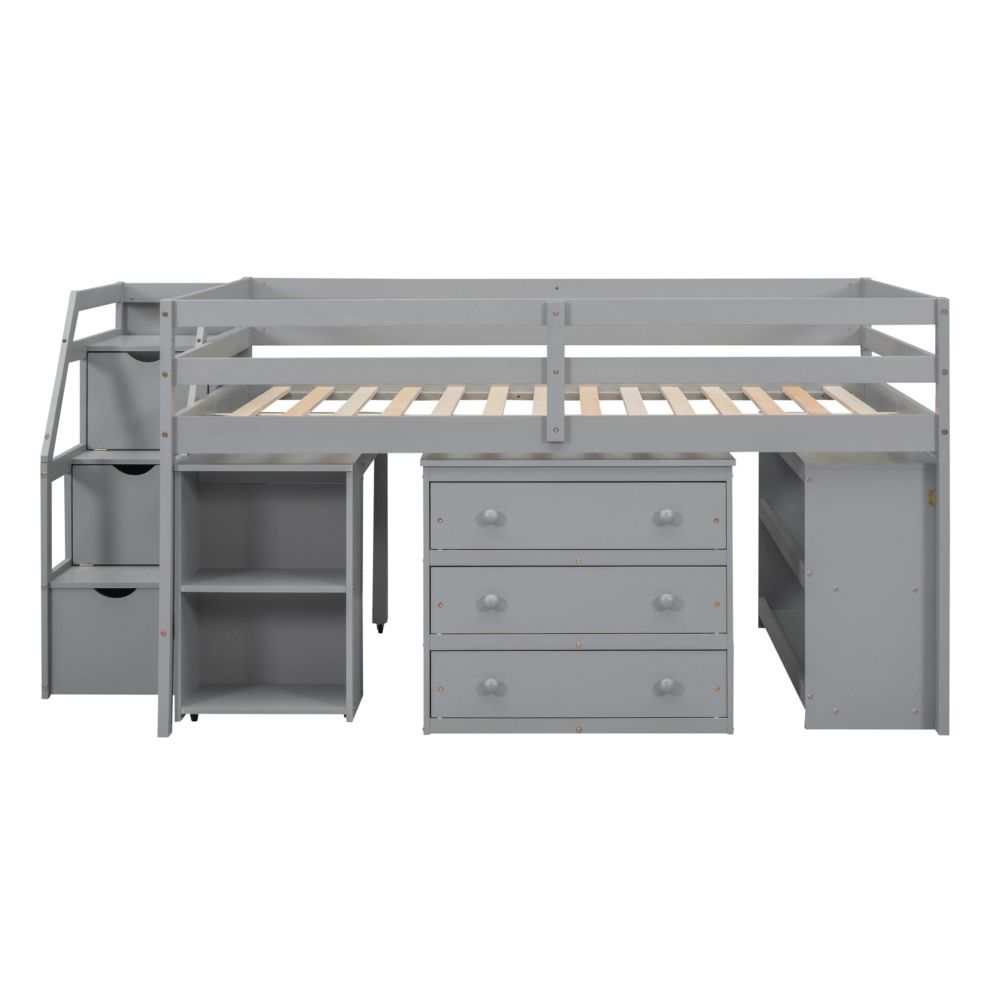 Full Size Loft Bed With Retractable Writing Desk And 3 Drawers With Storage Stairs And Shelves - Gray