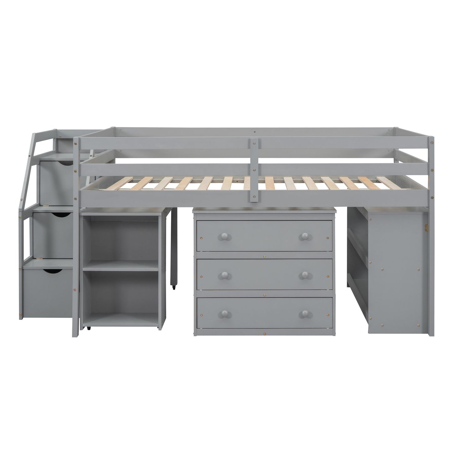 Full Size Loft Bed With Retractable Writing Desk And 3 Drawers With Storage Stairs And Shelves - Gray