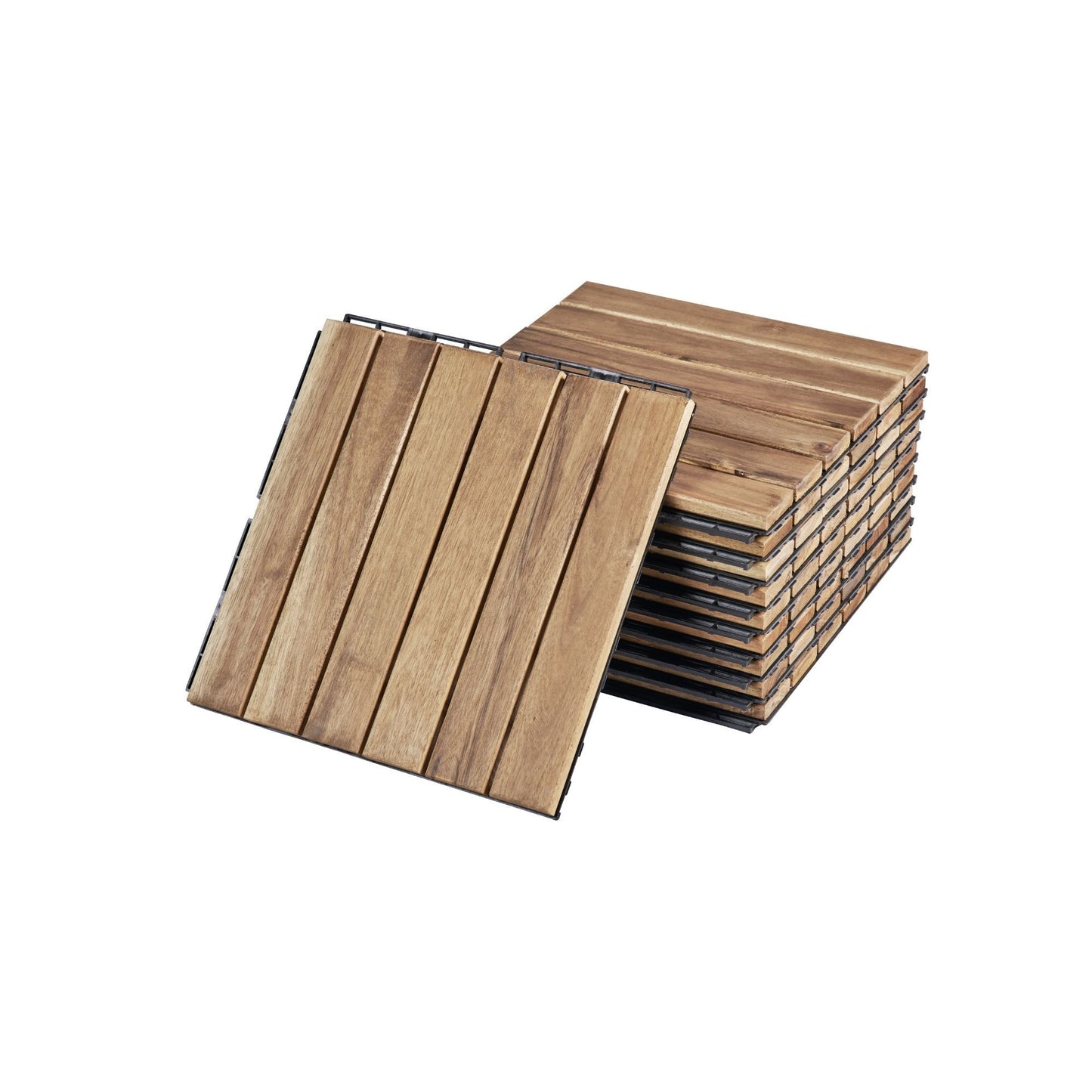 10 Piece Interlocking Deck Tiles Striped Pattern, Square Acacia Hardwood Outdoor Flooring For Patio, Bancony, Pool Side - Yellow