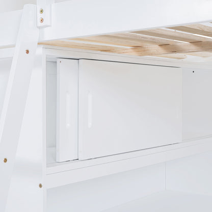 Full Size Loft Bed With Desk And Storage Shelves - White