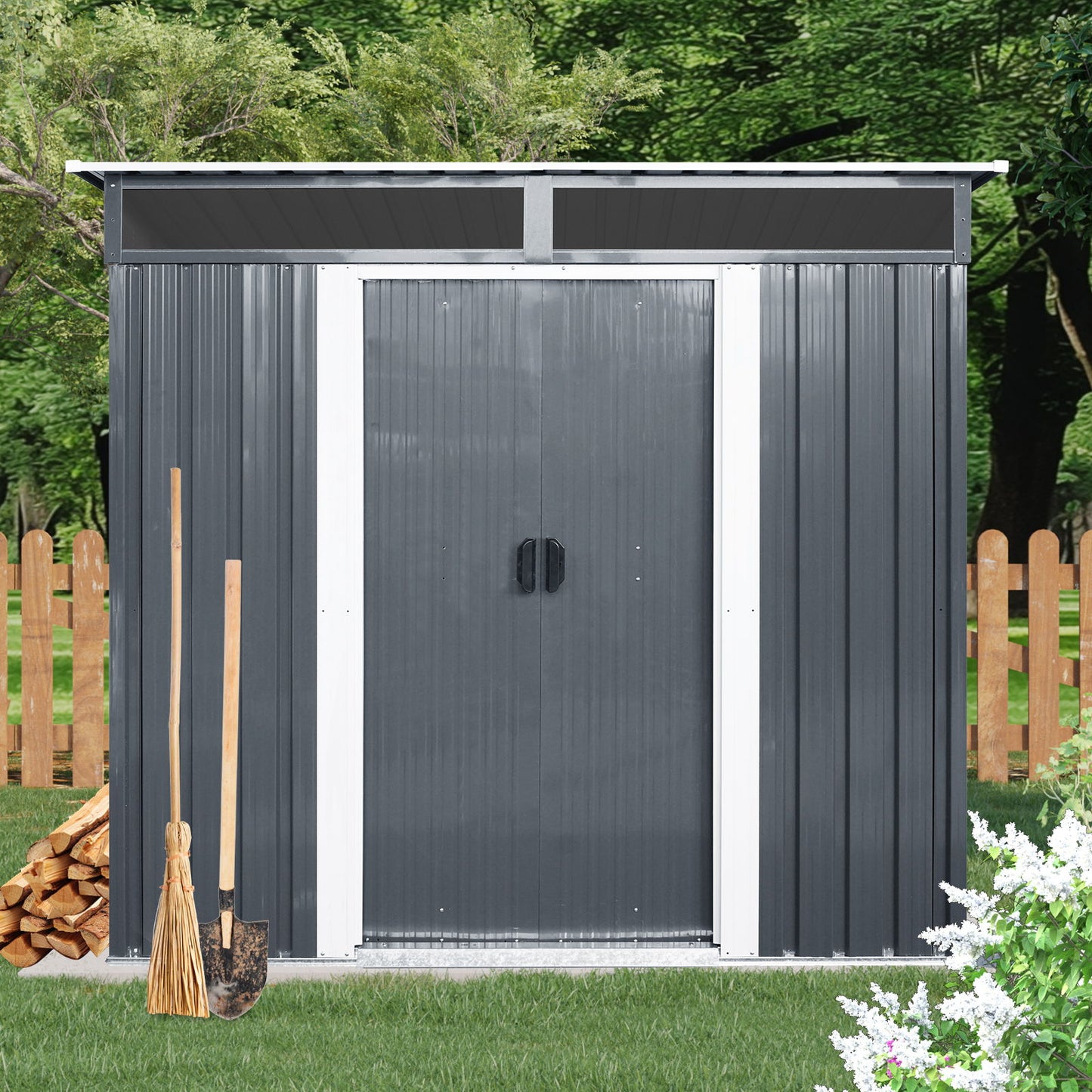 6Ft X 5Ft Outdoor Metal Storage Shed With Window And Transparent Plate For Garden, Lawn - Black / White