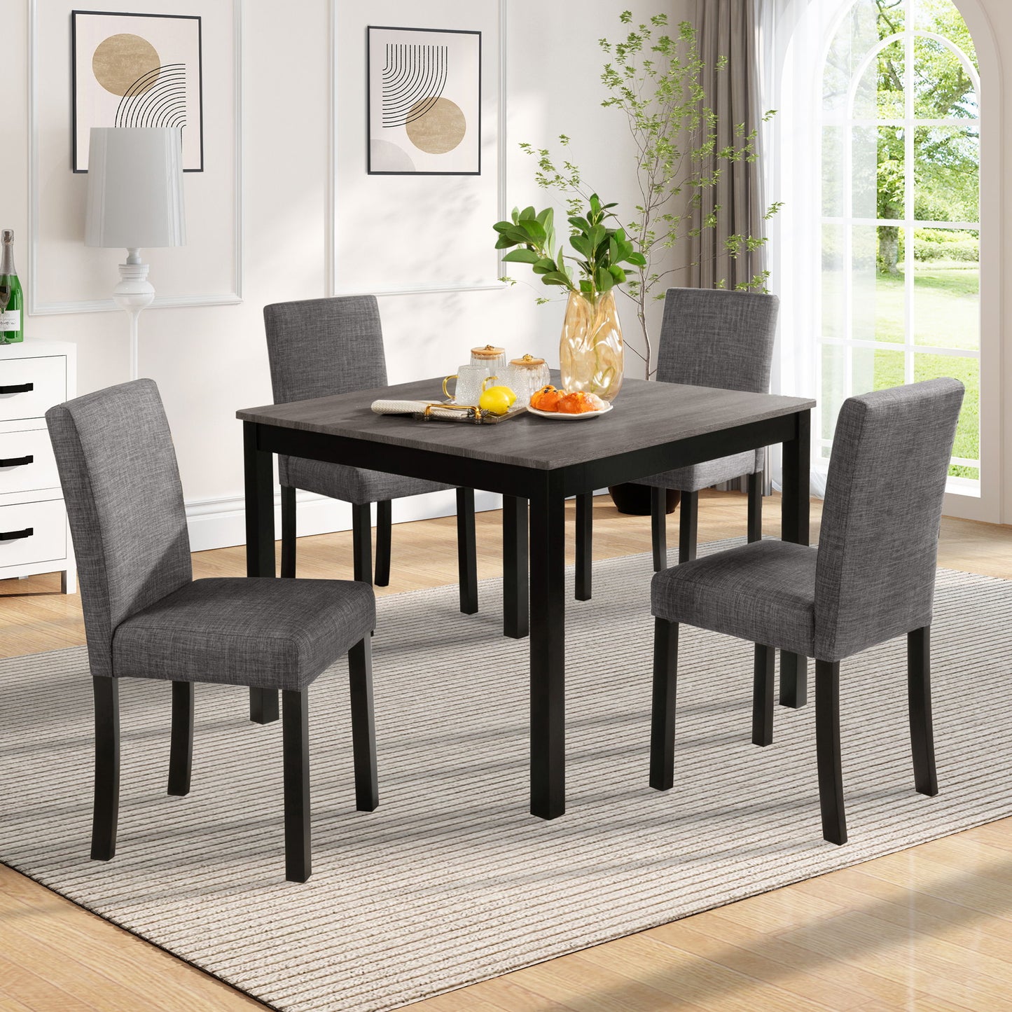 Modern 5 Piece Dining Table Set With 4 Chairs For Kitchen Or Dining Room - Light Gray / Black