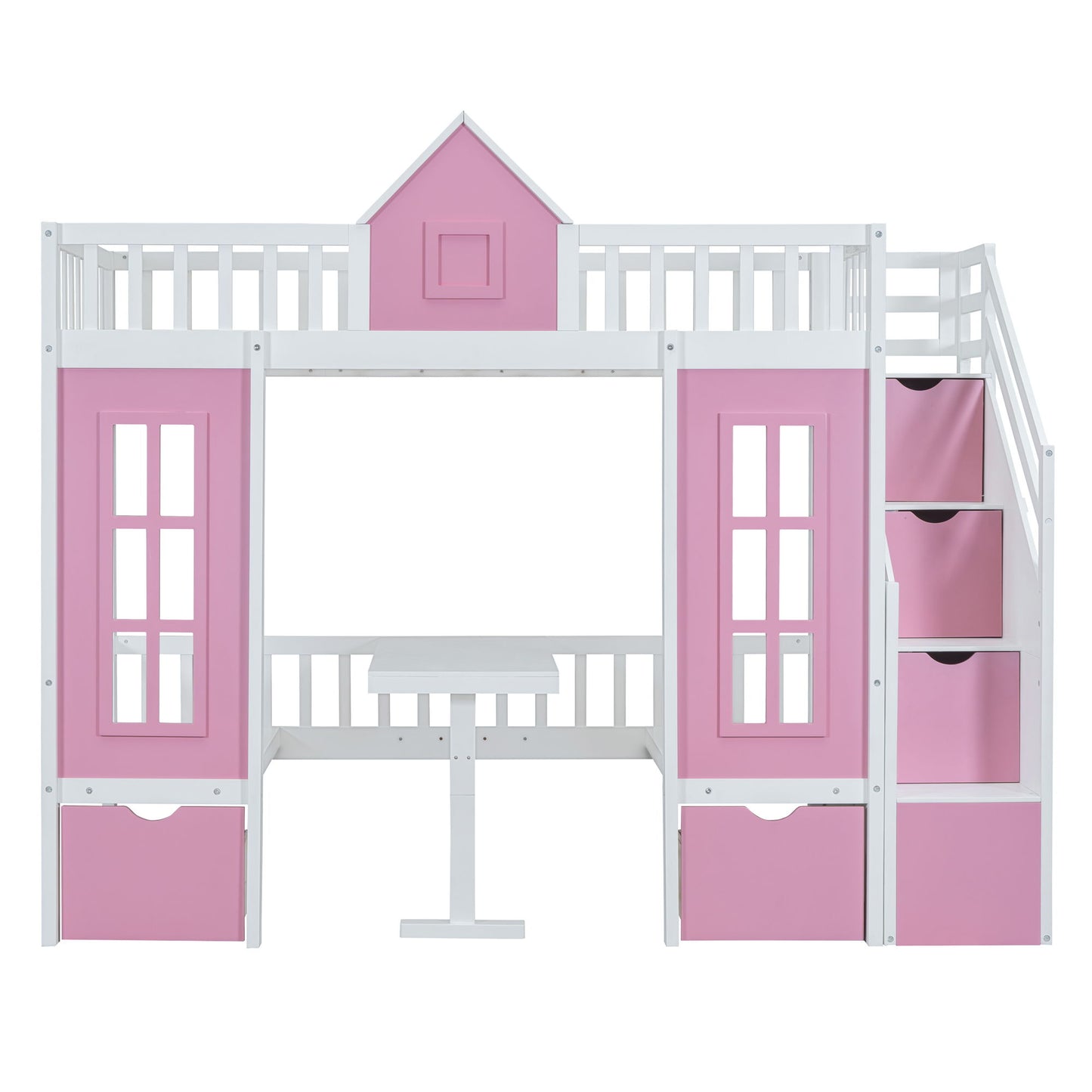 Twin Over Twin Bunk Bed With Changeable Table, Bunk Bed Turn Into Upper Bed And Down Desk - Pink