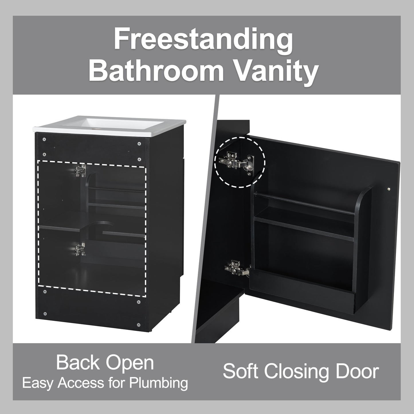 20" Bathroom Vanity With Sink, Freestanding Cabinet With Door Shelf And Adjustable Shelf, And Ceramic Construction - Black