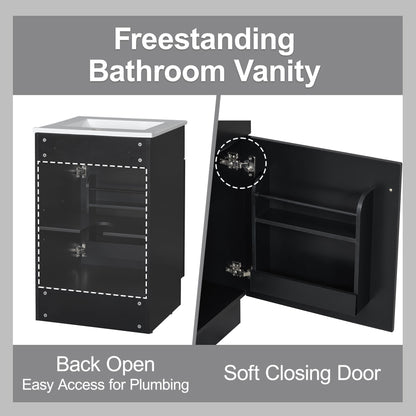 20" Bathroom Vanity With Sink, Freestanding Cabinet With Door Shelf And Adjustable Shelf, And Ceramic Construction - Black