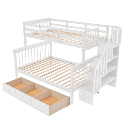 Twin Over Full Stairway Bunk Bed With Drawer, Storage And Guard Rail For Bedroom - White