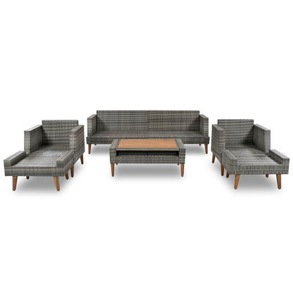 6 Pieces All Weather Sofa Set, Outdoor Rattan Sofa With Double Cushions, Wood Legs Wood Table Top - Beige / Gray