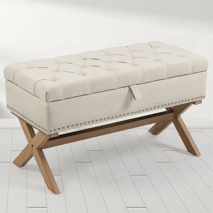 Storage Ottoman, Button-Tufted Ottoman Linen Storage Bench, Ottoman With Storage - Light Beige