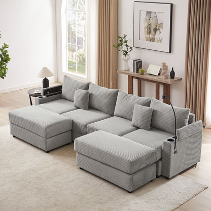 Modern Style 4 - Seater Sofa Sectional Sofa Couch With Storage Space, Two Movable Ottomans, Two USB Ports, Two Cup Holders, A Phone Holder For Living Room - Gray