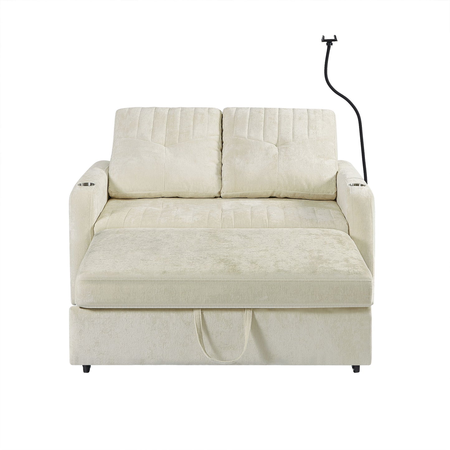 Modern Loveseat Pull Out Sofa Bed With Adjustable Backrest, Two Cup Holders, A Phone Holder, Three Charging Ports And Side Storage Pockets For Living Room - Beige