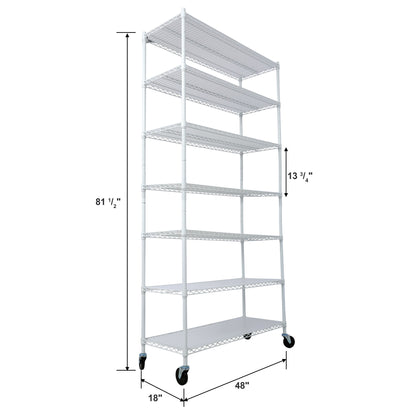 7 Tier Metal Shelf Wire Shelving Unit, 2450Lbs Heavy Duty Adjustable Storage Rack With Wheels & Shelf Liners For Closet Kitchen Garage Basement Commercial Shelving - White