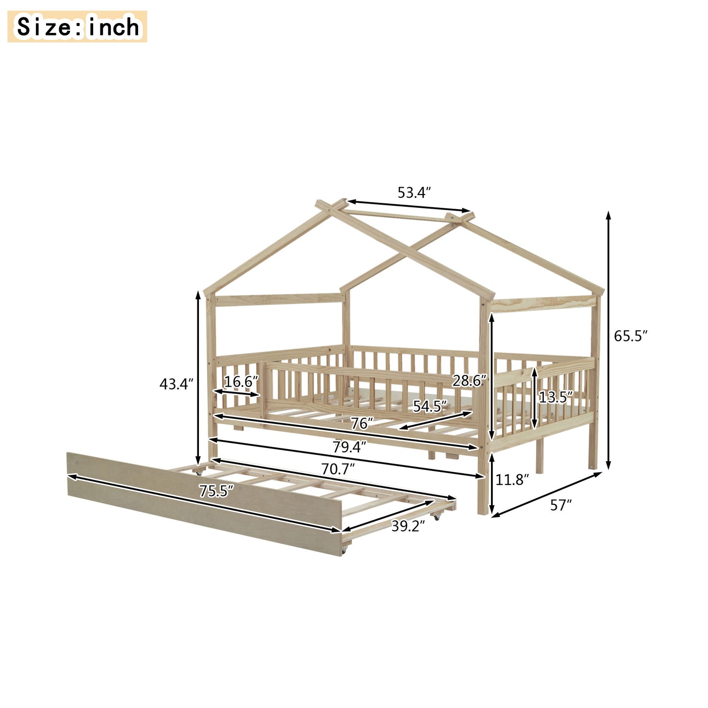 Full Size House Bed With Twin Size Trundle - Natural