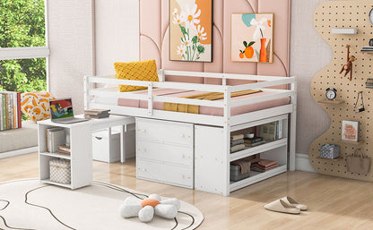 Full Size Loft Bed With Retractable Writing Desk And 3 Drawers With Storage Stairs And Shelves - White