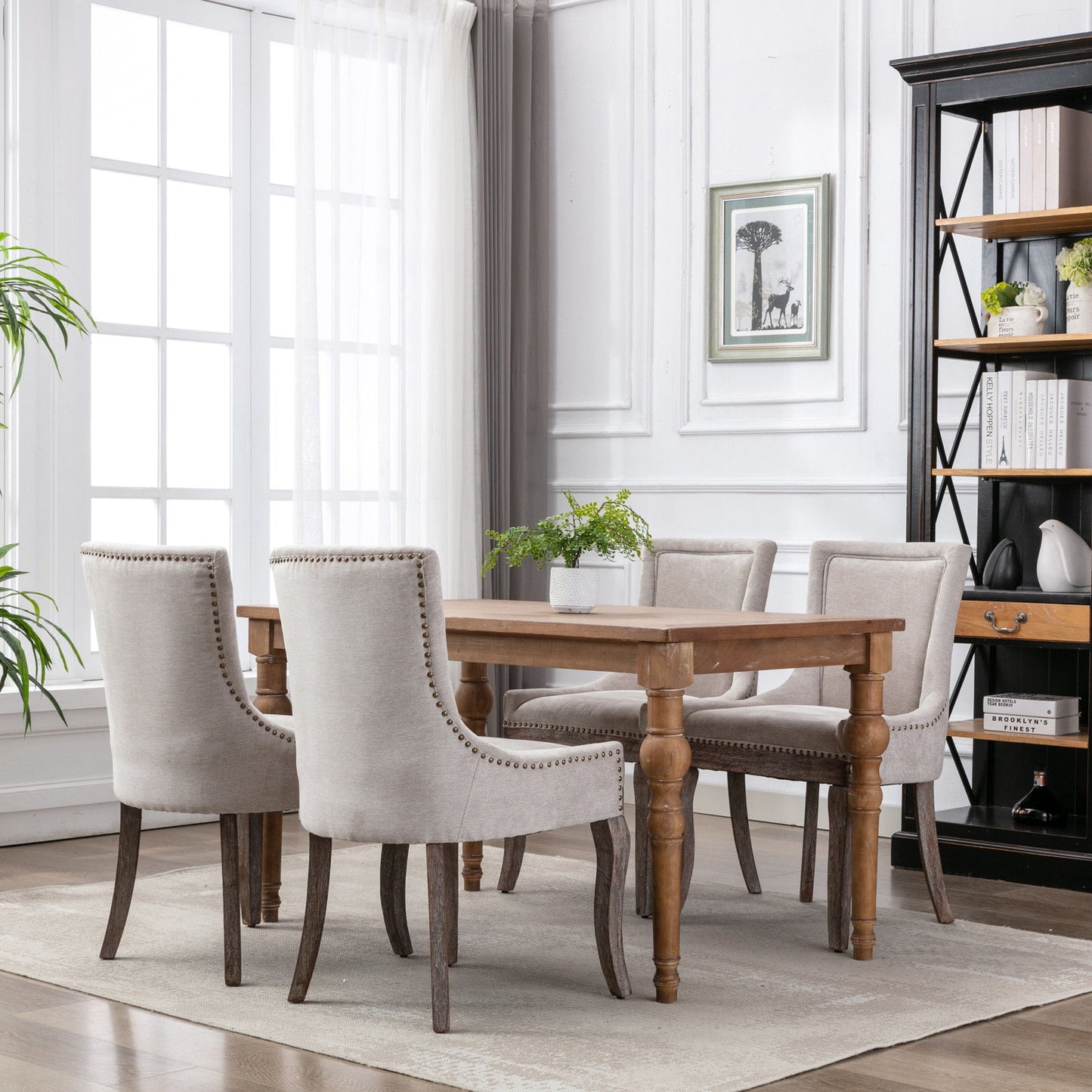 Ultra Side Dining Chair,Thickened Fabric Chairs With Neutrally Toned Solid Wood Legs, Bronze Nail Head (Set of 2) - Beige