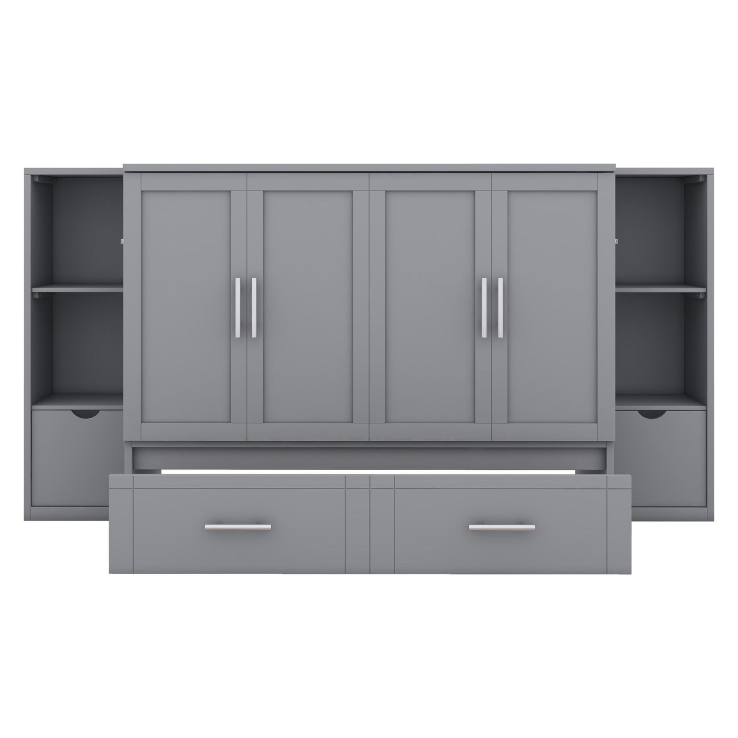 Full Size Murphy Bed With Shelves, Drawers And USB Ports - Gray